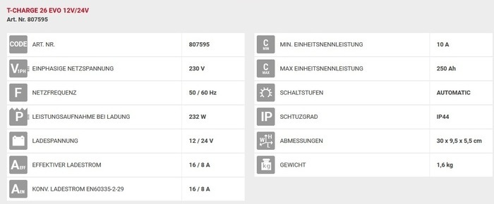 Erhaltungsladegerät T-Charge 26 Evo Datenblatt