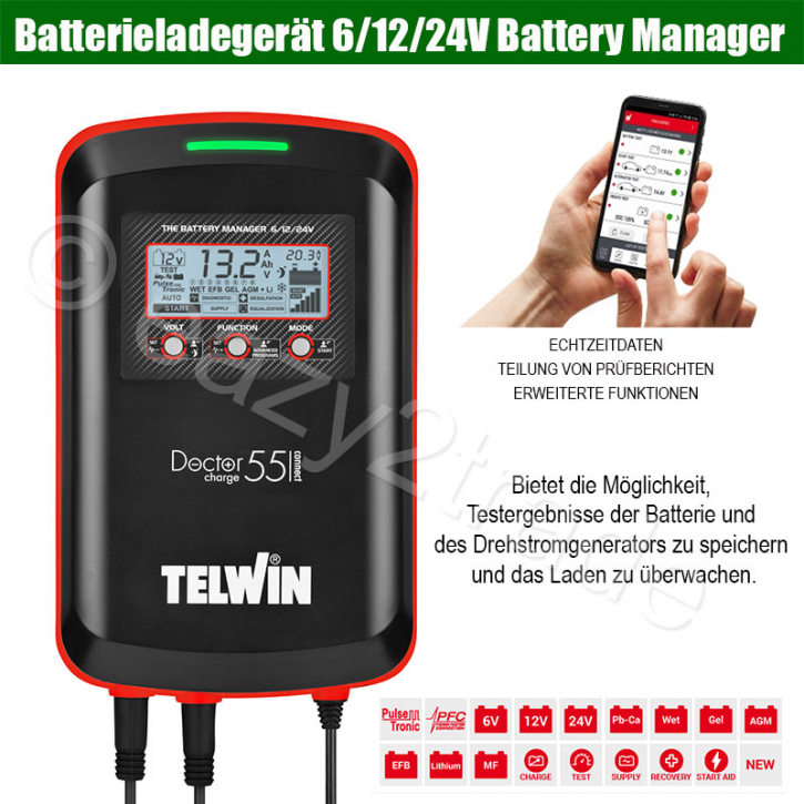 Profi Batterieladegerät 6V/12V/24V | Kfz Ladegerät Doctor Charge 55 Connect | Telwin