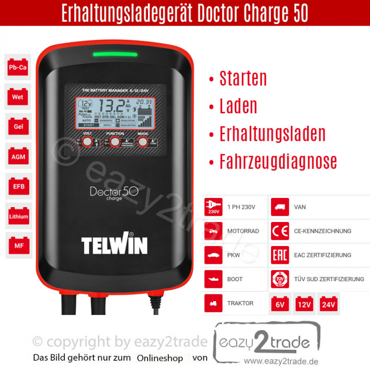 Telwin Doctor Charge 50 | Erhaltungsladegerät, Starthilfe 6V/12V/24V | 10 - 600 Ah | Boost, Pulse Tronic