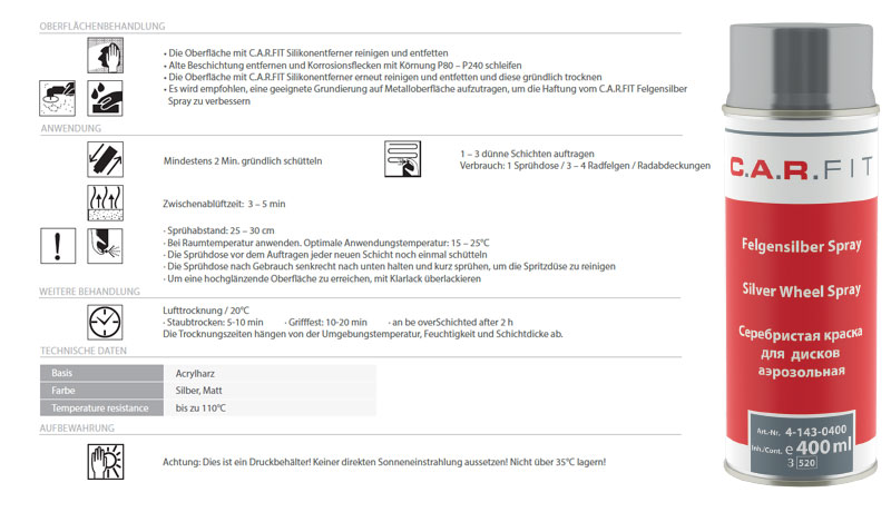 Felgensilber Spray zum Lackieren von Felgen und Radabdeckung, Beschreibung